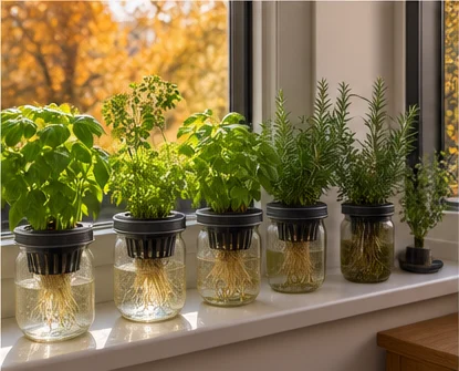 Aromatiques en bocaux rentrées sur un rebord de fenêtre intérieur, arbres d’automne dehors