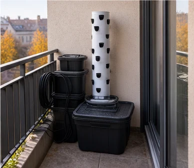 Balcon en automne : tour vide, réservoirs noirs empilés et tuyaux enroulés, prêts à passer l’hiver