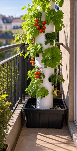 Tour hydroponique de tomates cerises et salades posée contre le mur d’un balcon d’immeuble, dans un grand bac de rétention