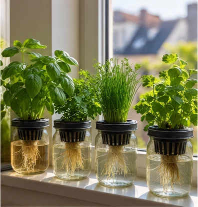 Bocaux Kratky de basilic, persil et ciboulette sur un rebord de fenêtre, racines visibles dans l’eau