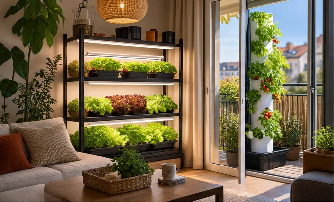 Petit séjour avec une étagère LED de salades et une porte-fenêtre ouverte sur un balcon où pousse une tour hydroponique