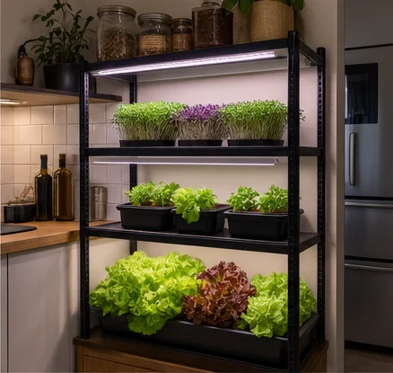 Étagère métal à trois niveaux éclairés par des réglettes LED dans une cuisine : micro-pousses en haut, aromatiques au milieu, salades en bas