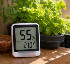 Hygromètre affichant 55 % d’humidité et 21,8 °C à côté de salades en culture