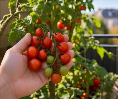 Main tenant une grappe de tomates cerises récoltées sur un balcon en été