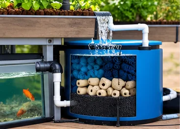 Bassin de poissons relié à un filtre bleu à plusieurs médias