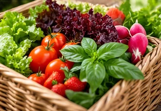 Panier de tomates, basilic, fraises, radis et salades