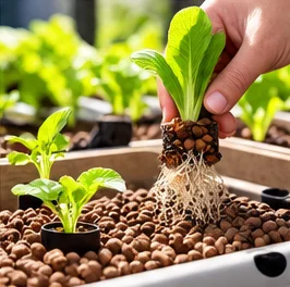 Main repiquant une jeune salade dans les billes d’argile
