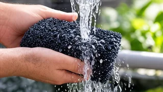 Mousse filtrante rincée sous un filet d’eau