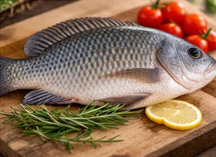 Tilapia entier sur une planche avec citron et romarin