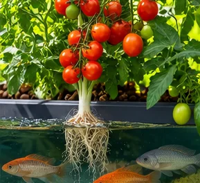Plant de tomates cerises, racines plongeant dans l’eau du système