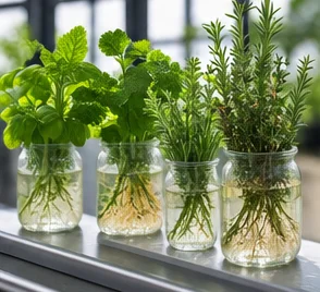 Bouquets d’herbes dans des bocaux d’eau