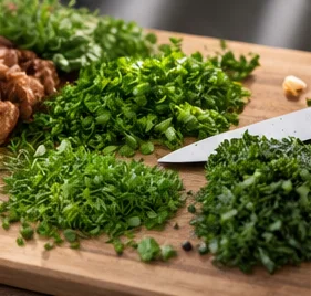 Herbes hachées sur une planche