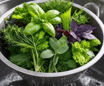 Mélange d’herbes rincées dans une passoire