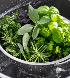Aromatiques fraîchement récoltées dans une passoire
