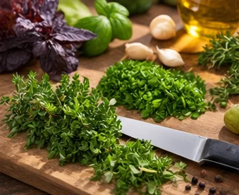 Herbes, ail et huile sur une planche à découper