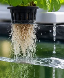 Racines d’aromatique dans une solution qui circule