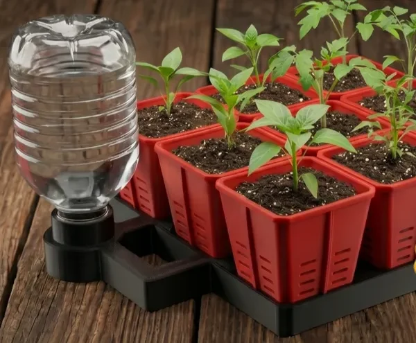 Semoir imprimé en 3D avec godets rouges de jeunes plants et une bouteille retournée servant de réservoir