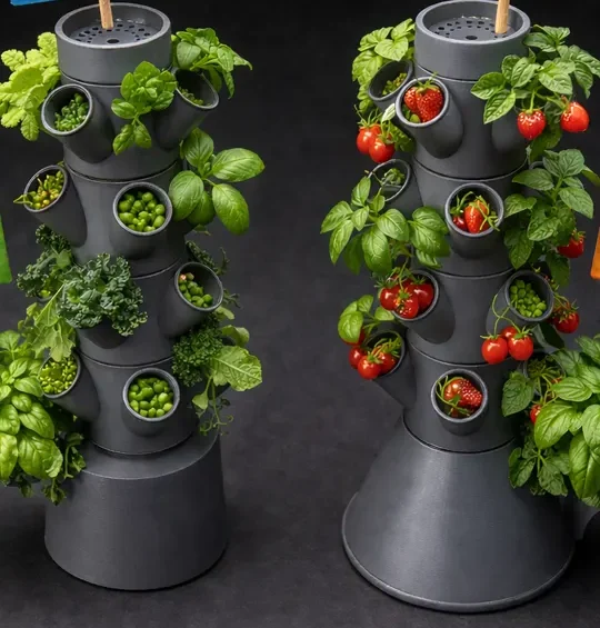 Deux petites tours hydroponiques grises imprimées en 3D, garnies d’aromatiques, de pois et de fraises