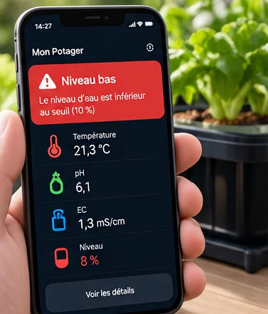 Téléphone affichant une alerte niveau bas avec température, pH et EC