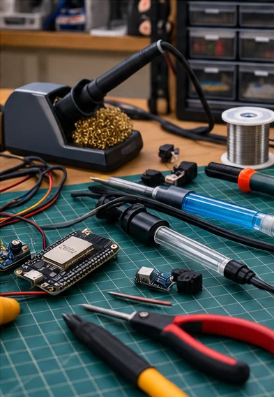 Établi avec fer à souder, fil d’étain, pince, carte ESP32 et sondes