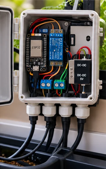 Boîtier étanche ouvert contenant l’ESP32, les modules et un convertisseur, câbles sortant par des presse-étoupes