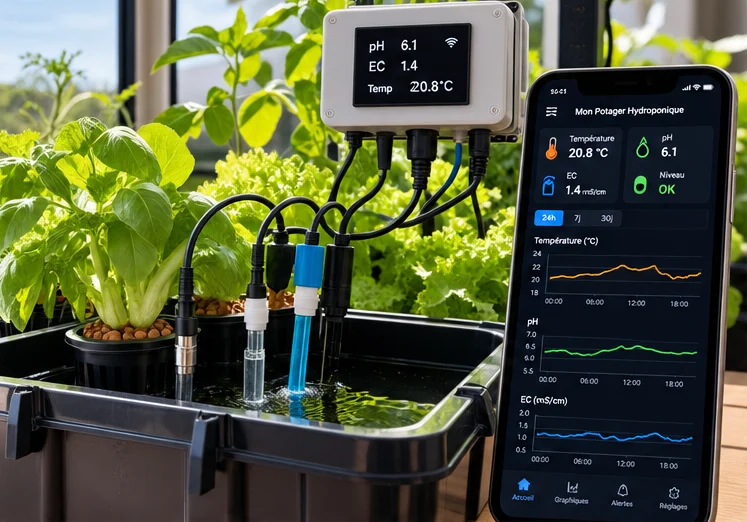 Bac de salades avec sondes de pH, d’EC et de température reliées à un boîtier électronique, téléphone affichant les courbes