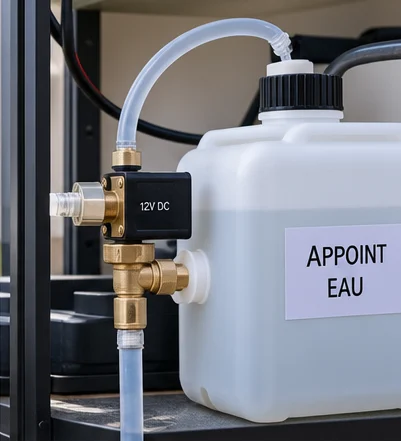 Électrovanne 12 V en laiton sur la sortie d’un bidon d’appoint
