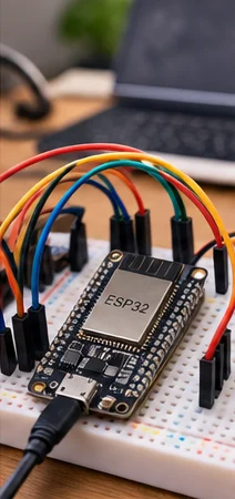 Carte ESP32 sur une plaque d’essai avec des fils de couleur