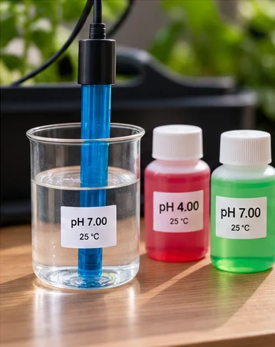 Sonde pH plongée dans un tampon pH 7, flacons de tampons pH 4 et pH 7 à côté