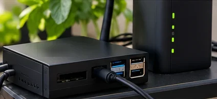 Petit ordinateur posé à côté de la box internet