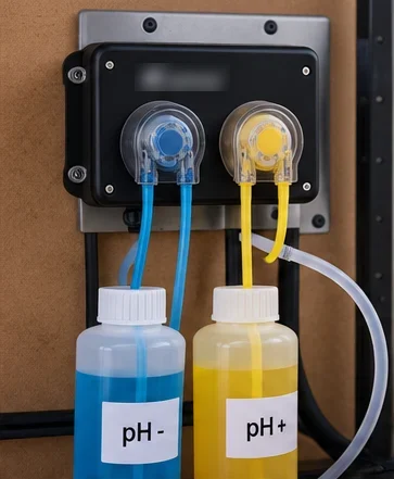 Deux pompes doseuses péristaltiques fixées au mur, flacons pH moins et pH plus
