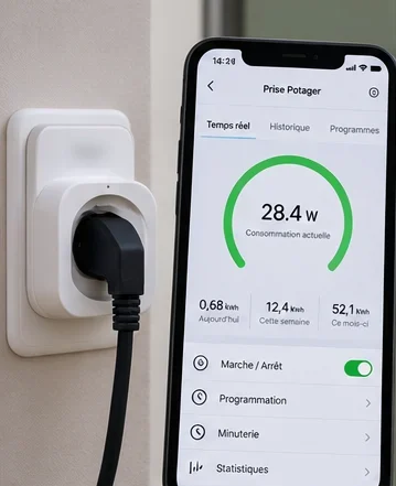 Prise connectée et application affichant la consommation en watts de la pompe