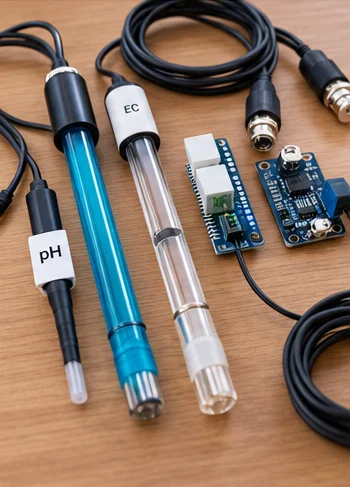 Sondes pH et EC avec leurs cartes électroniques posées sur une table