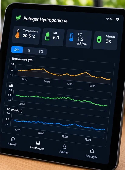 Tablette affichant le tableau de bord du potager : température, pH, EC, niveau et courbes sur 24 heures