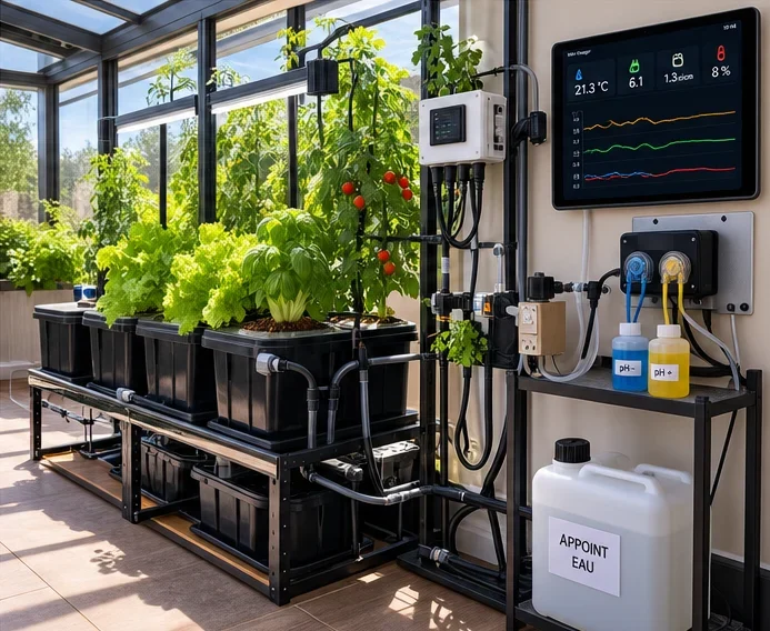 Véranda équipée : bacs de salades et tomates, boîtier de mesure, pompes doseuses, bidon d’appoint et tablette au mur