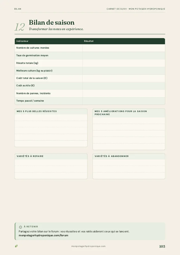 Page bilan de saison du carnet : indicateurs, réussites, améliorations, variétés à refaire