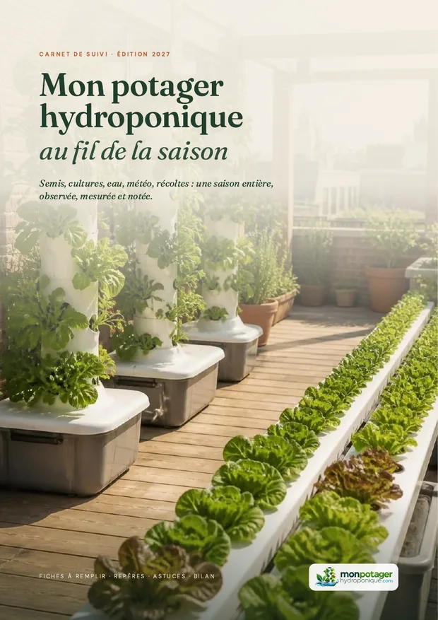 Couverture du carnet de suivi : une terrasse avec des tours hydroponiques et des gouttières de salades