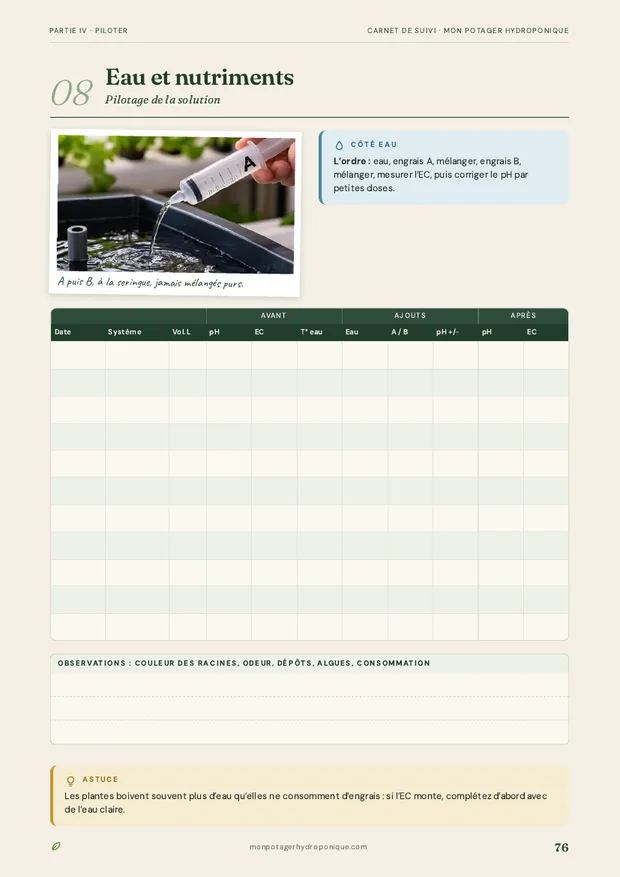 Page eau et nutriments du carnet : tableau des valeurs avant et après correction de la solution