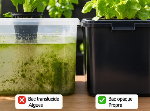 Bac translucide envahi d’algues à côté d’un bac noir opaque propre