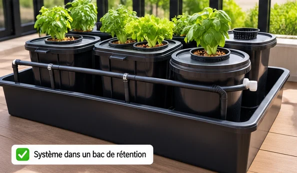 Seaux et bacs de culture posés dans un grand bac de rétention noir