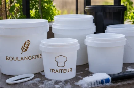 Seaux alimentaires de boulangerie et de traiteur récupérés et lavés
