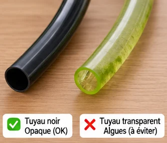 Tuyau noir opaque à côté d’un tuyau transparent verdi par les algues