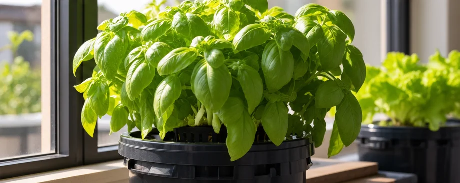 Gros pied de basilic touffu dans un seau DWC noir devant une fenêtre, salades en arrière-plan