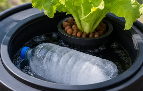 Bouteille d’eau congelée couchée dans un seau DWC sous une laitue