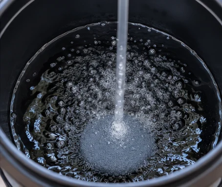 Seau DWC ouvert vu de haut, diffuseur au fond et eau agitée de fines bulles