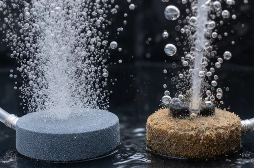 Deux diffuseurs côte à côte : l’un propre fait de fines bulles, l’autre encrassé de dépôts bruns fait de grosses bulles
