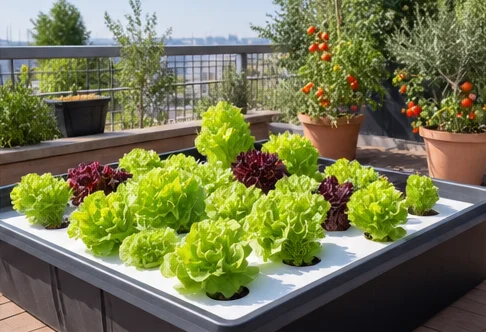 Radeau flottant en terrasse : plaque blanche percée portant des laitues vertes et rouges