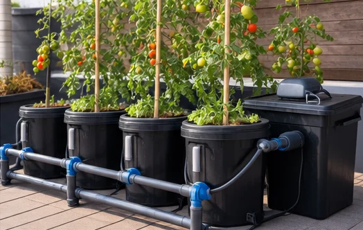 RDWC en terrasse : quatre seaux noirs reliés par des tuyaux à un réservoir, avec des tomates tuteurées