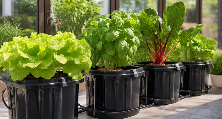 Quatre seaux DWC noirs alignés dans une véranda : laitue, basilic, blette à côtes rouges et salade