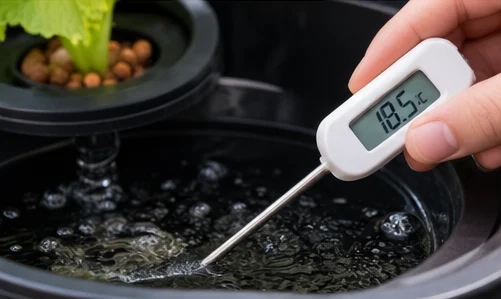 Thermomètre de cuisine plongé dans la solution d’un seau DWC, affichant 18,5 °C